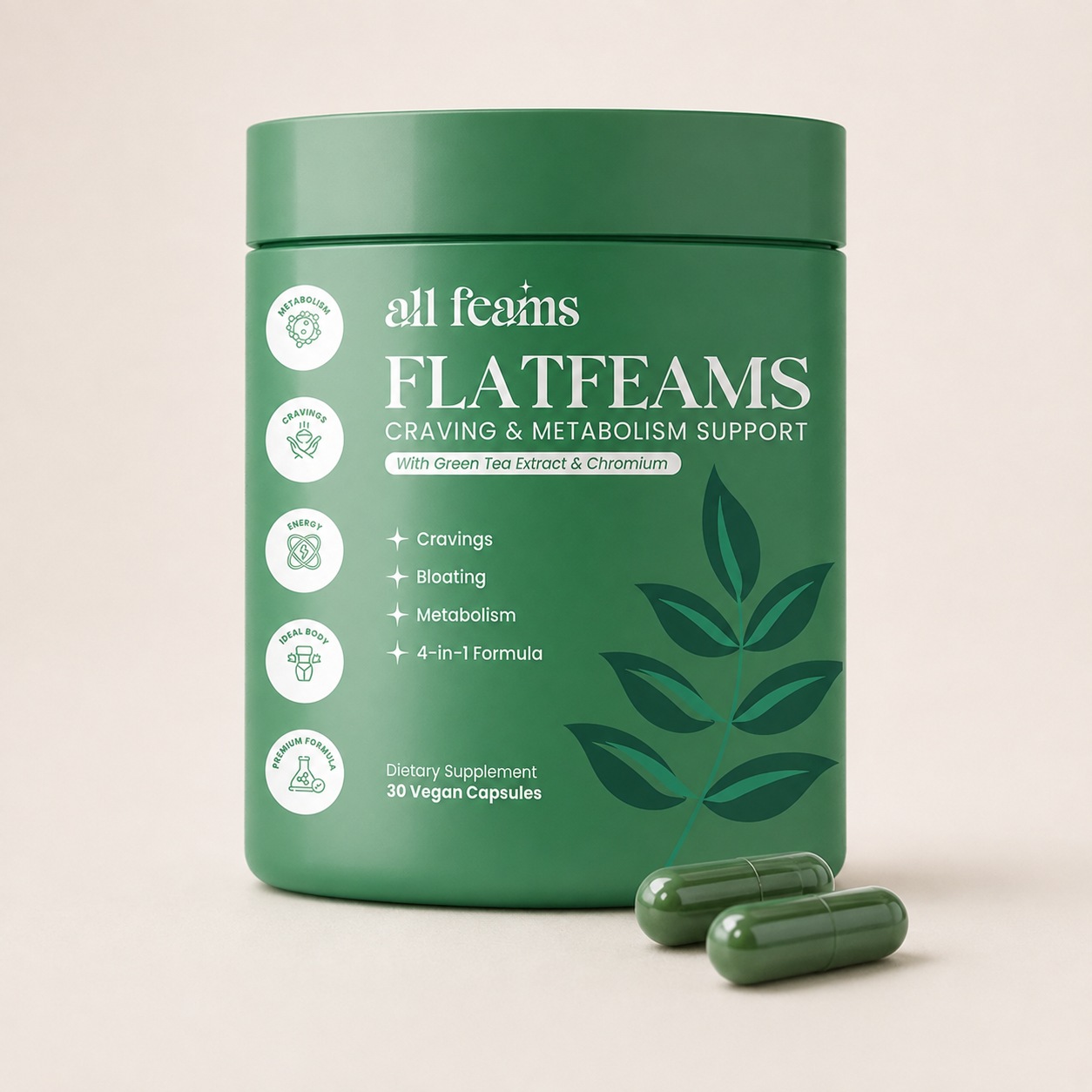 FlatFeams bottle, 30 vegan capsules