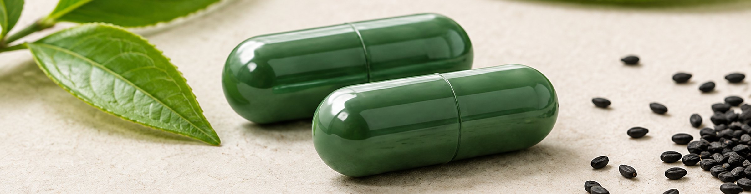 FlatFeams capsules with green tea leaves