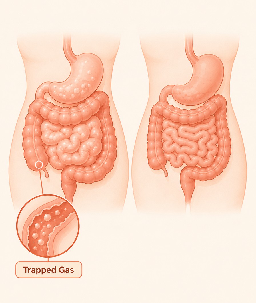 Illustration of a bloated and a calm digestive system