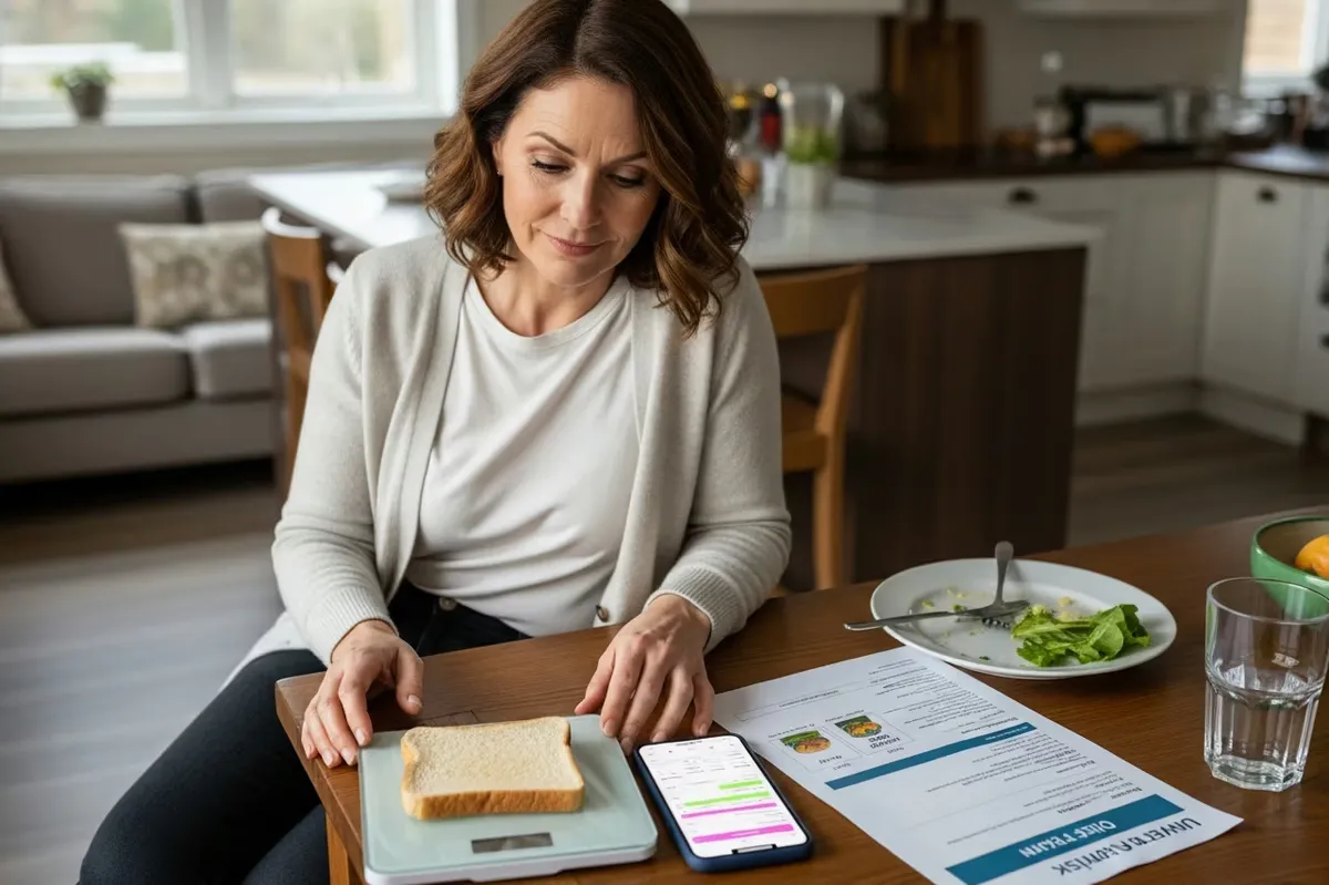 Woman tracking calories with a kitchen scale and food-tracking app, frustrated that nothing is working