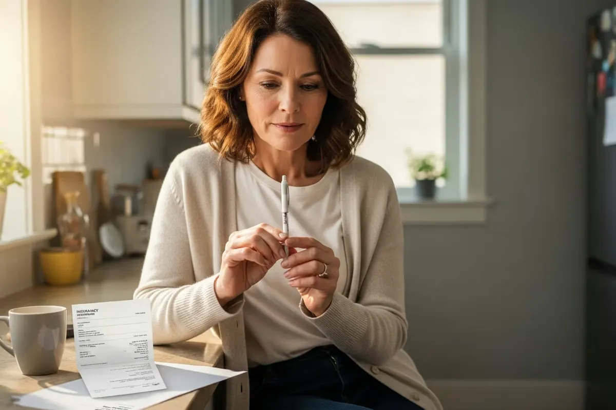 Woman holding an unbranded injection pen with concern, considering the cost and side effects of GLP-1 prescriptions