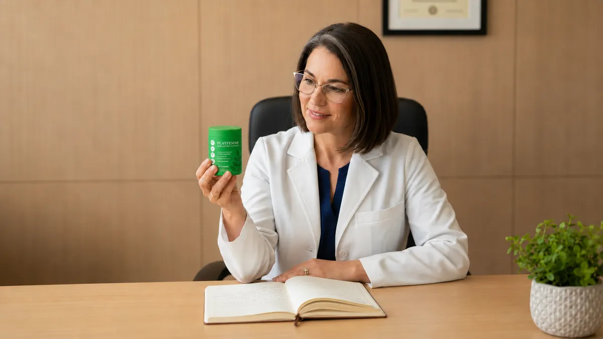 Dr. Mitchell, gastroenterologist, holding the green FlatFemme jar in her research office