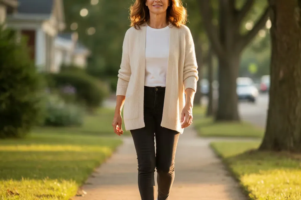 A 55-year-old woman walking confidently along a sunlit tree-lined sidewalk — calm relief and renewed body confidence