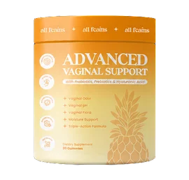A jar of Flora+ Advanced Vaginal Support on a dark background.
