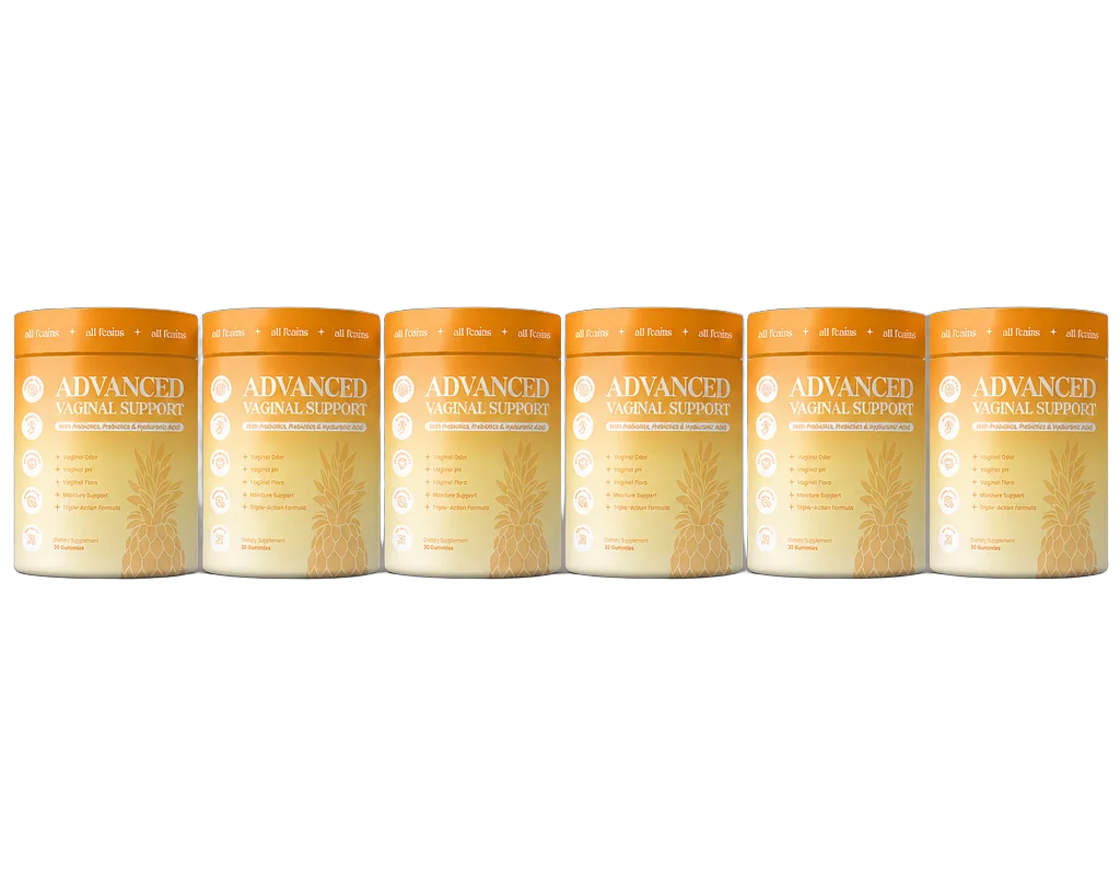 Six jars of Flora+ Advanced Vaginal Support lined up in a row.