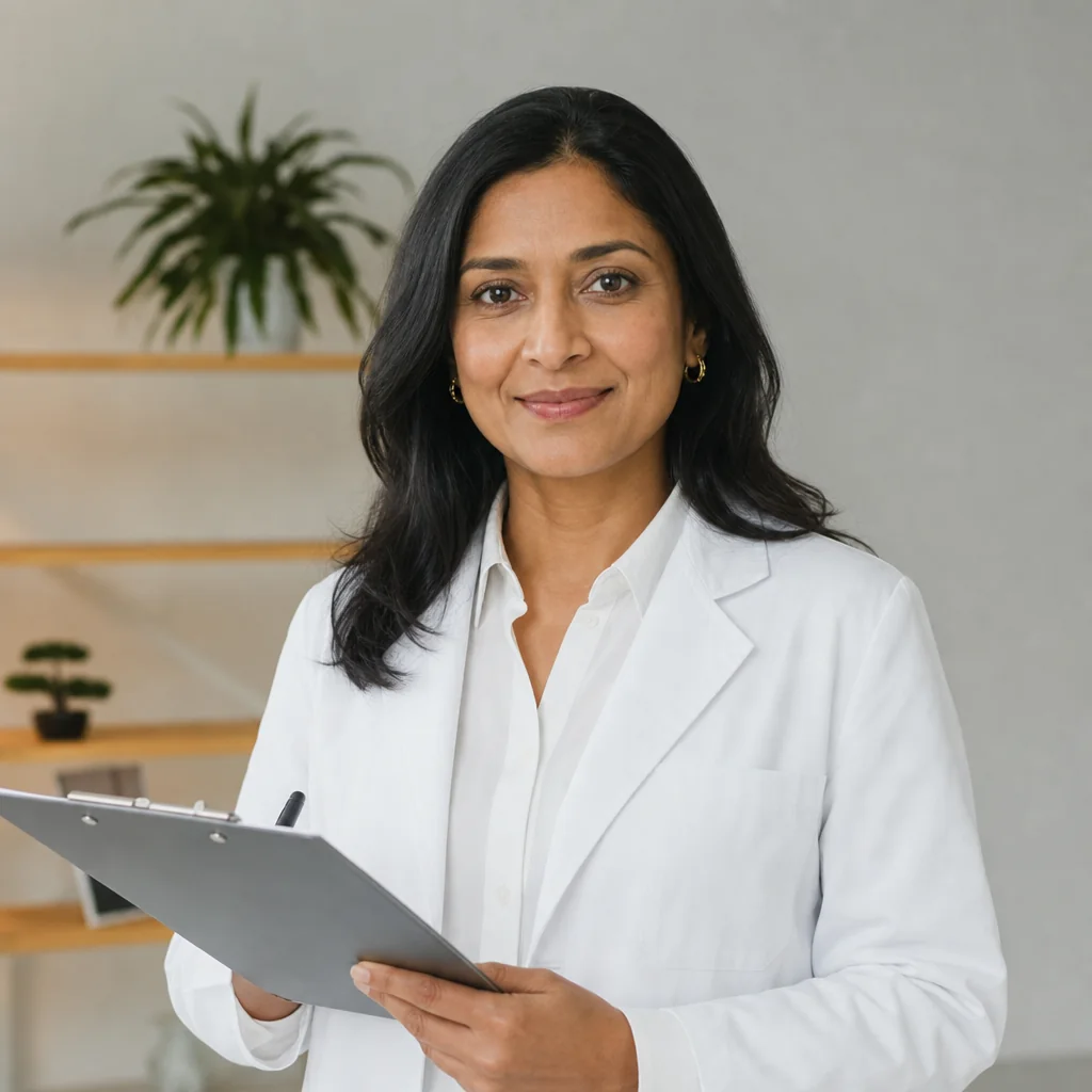 Portrait of an integrative women's health practitioner holding a clipboard.