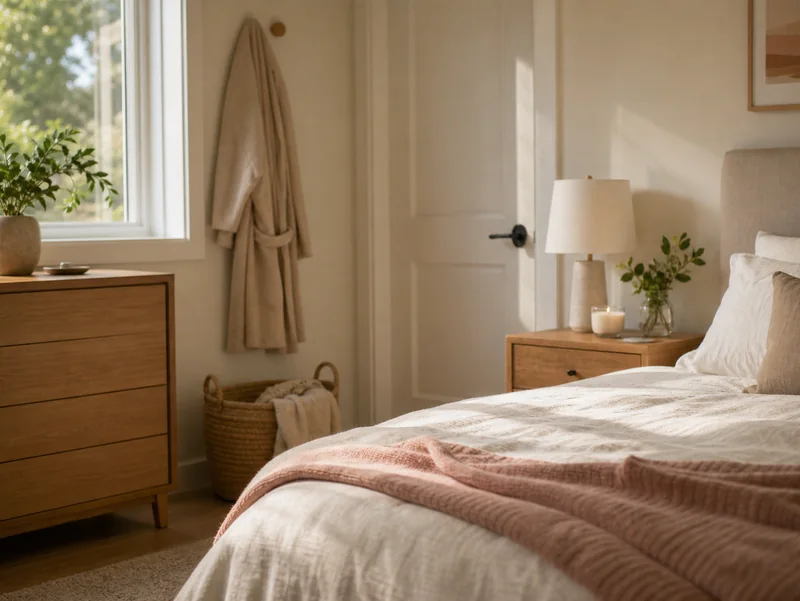 Week 1 to 2, the smell starts to fade: a calm bedroom in morning light