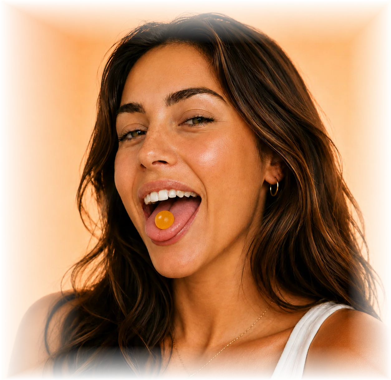 Woman holding a Flora+ vaginal support gummy