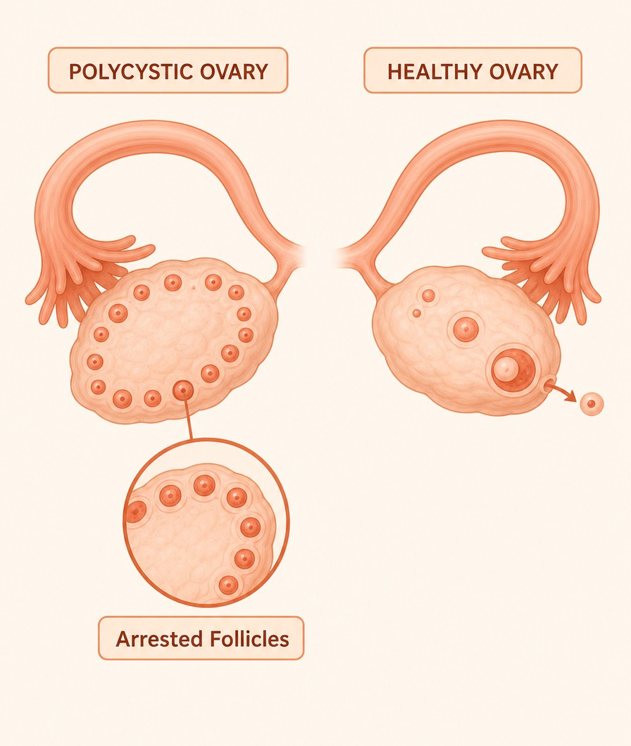 Illustration of a polycystic and a healthy ovary
