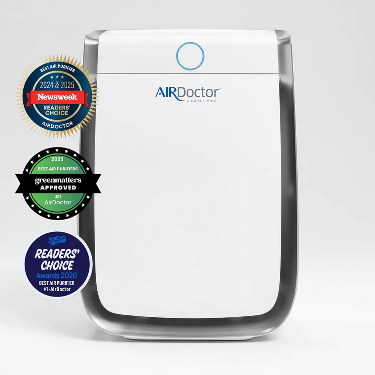 AirDoctor 3500 shown with its Newsweek Readers Choice and Green Matters Approved award badges