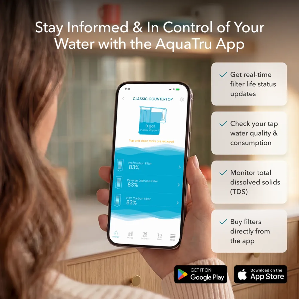 The AquaTru app on a phone showing filter life status and total dissolved solids monitoring