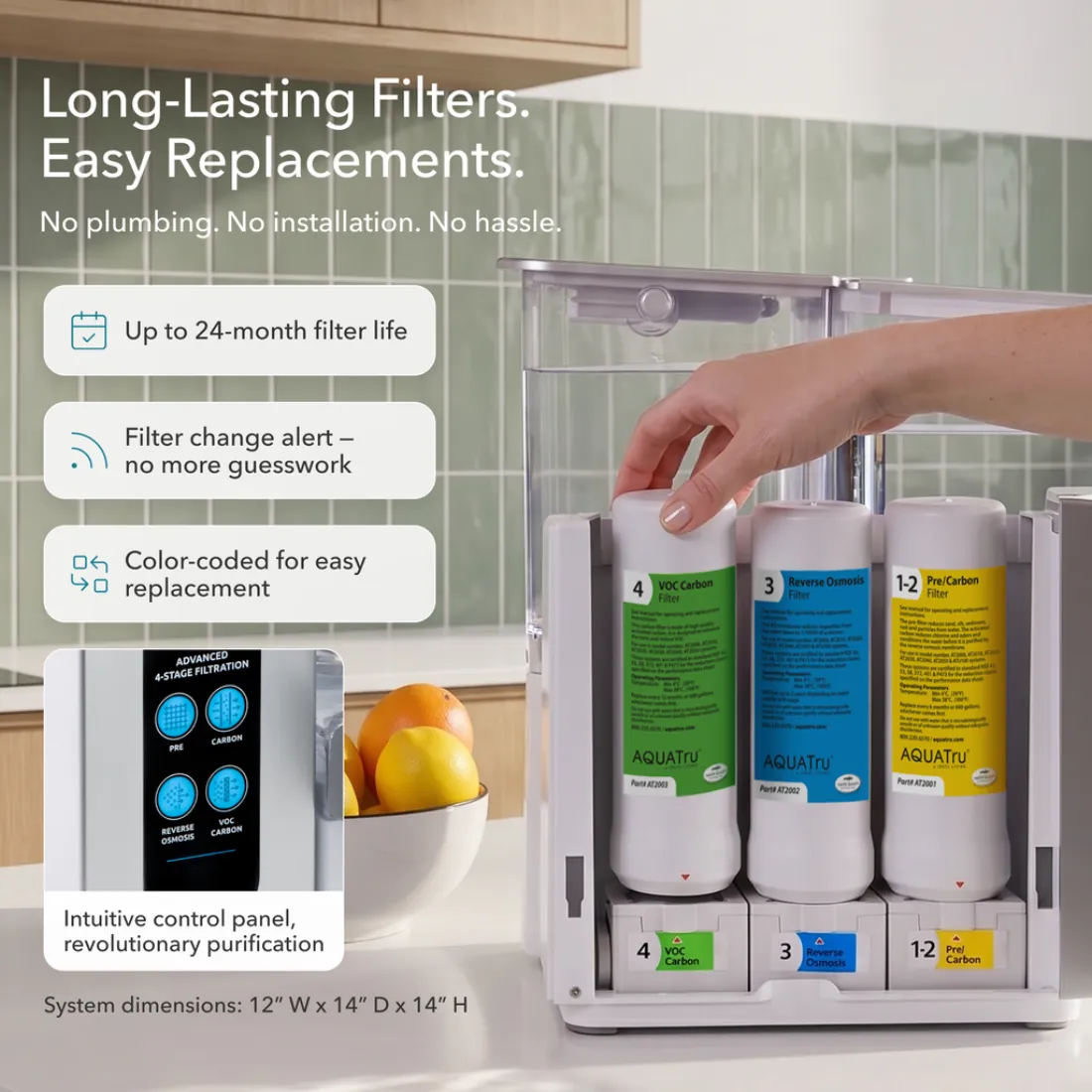 AquaTru Classic with its three color-coded filters and its published system dimensions