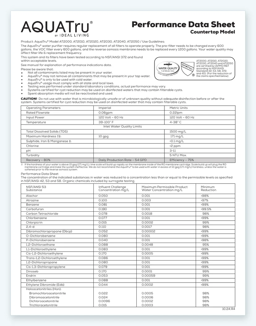 First page of the AquaTru countertop Performance Data Sheet, listing the certified contaminants with their influent challenge and reduction figures