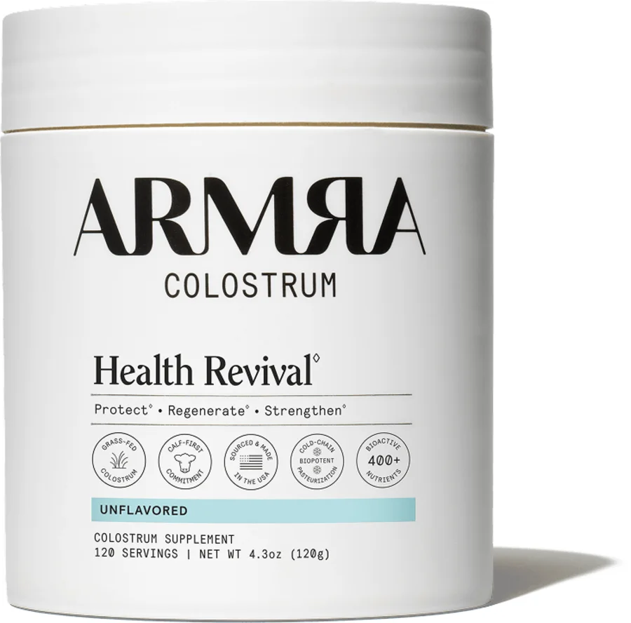 The ARMRA Colostrum Unflavored jar, 120 servings