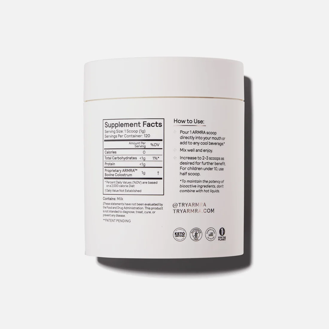 The back label of the ARMRA Colostrum jar showing the supplement facts panel and directions for use