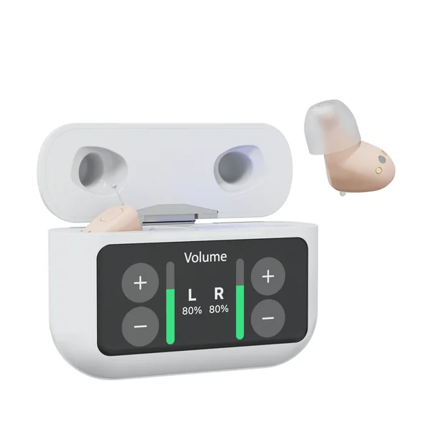 Audien Atom X hearing aids with a touchscreen charging case