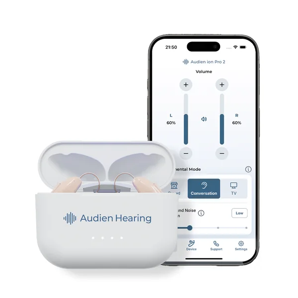 Audien ION Pro 2 behind-the-ear hearing aids with charging case