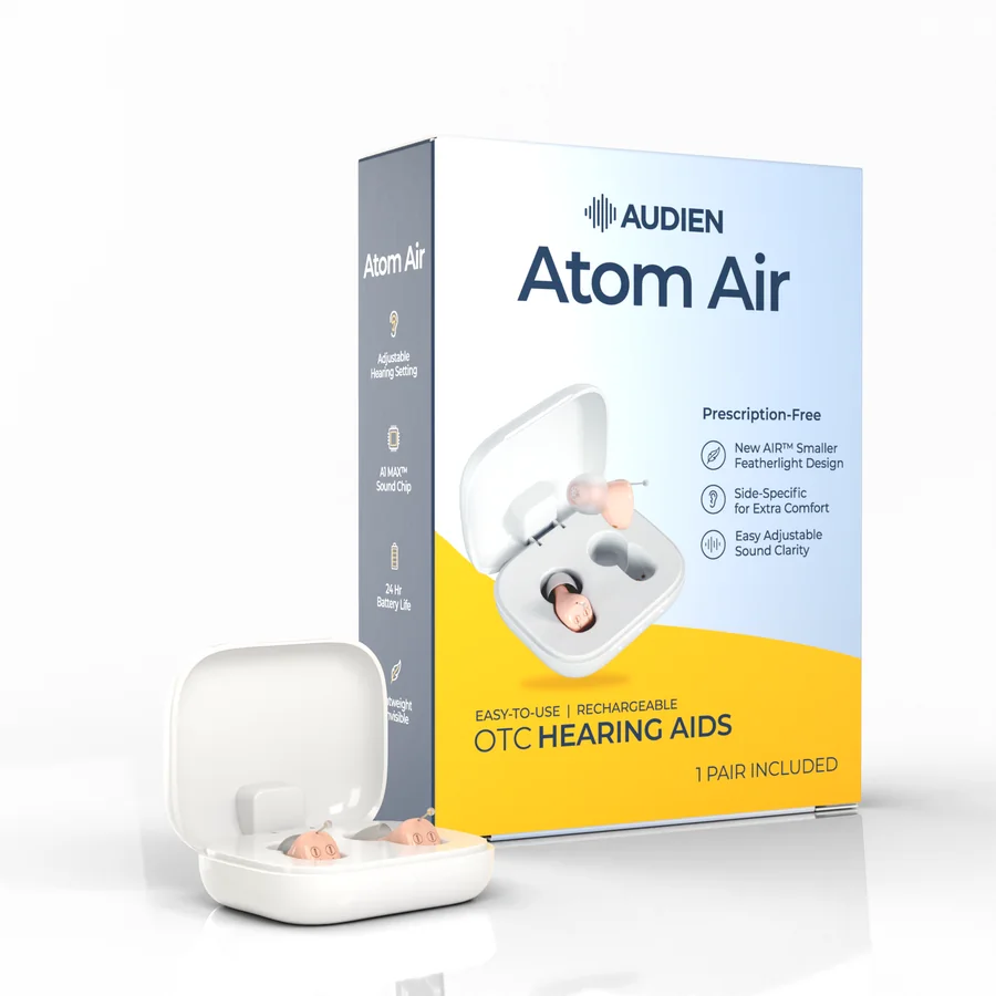 Audien Atom Air box standing beside its open charging case