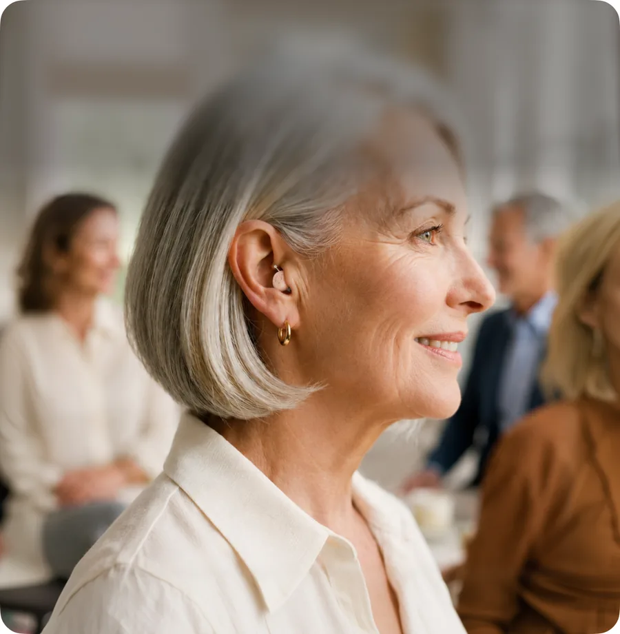 A woman in profile at a social gathering, listening to someone speaking beside her