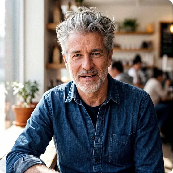 Portrait of an older man with white hair and a beard, smiling