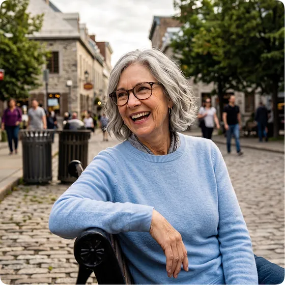 Portrait of a grey-haired woman with glasses laughing in a town square