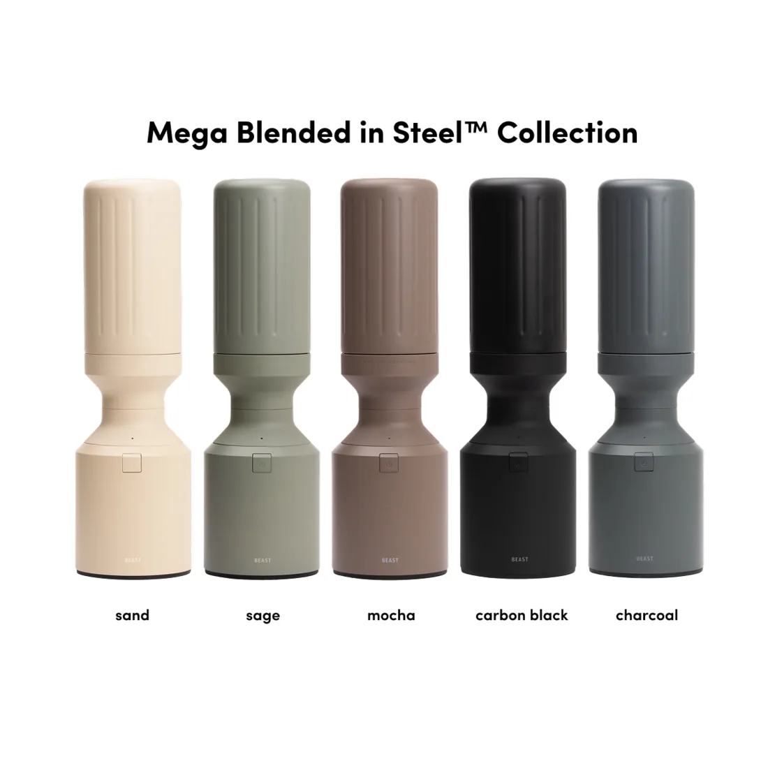 The five colours of the Beast Mega stainless steel collection: sand, sage, mocha, carbon black and charcoal
