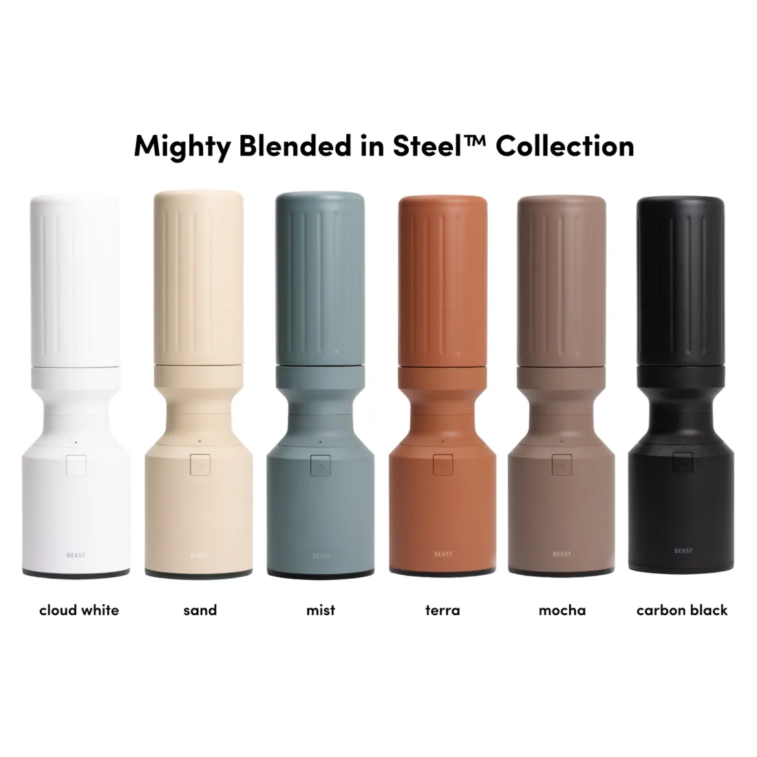 The six colours of the Beast Mighty stainless steel collection: cloud white, sand, mist, terra, mocha and carbon black