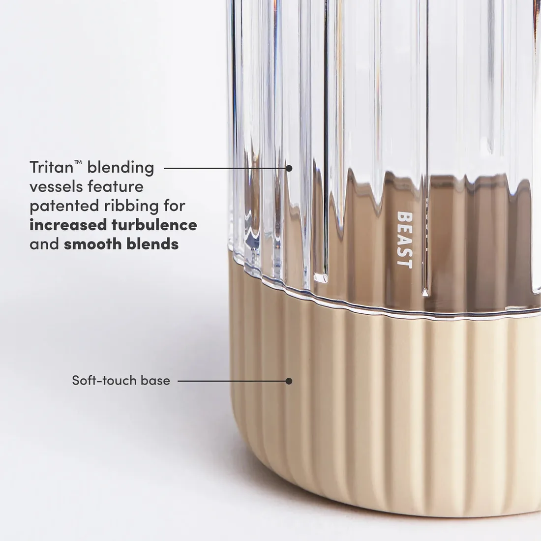 Close view of the ribbed wall of a Beast blending vessel and its soft touch base