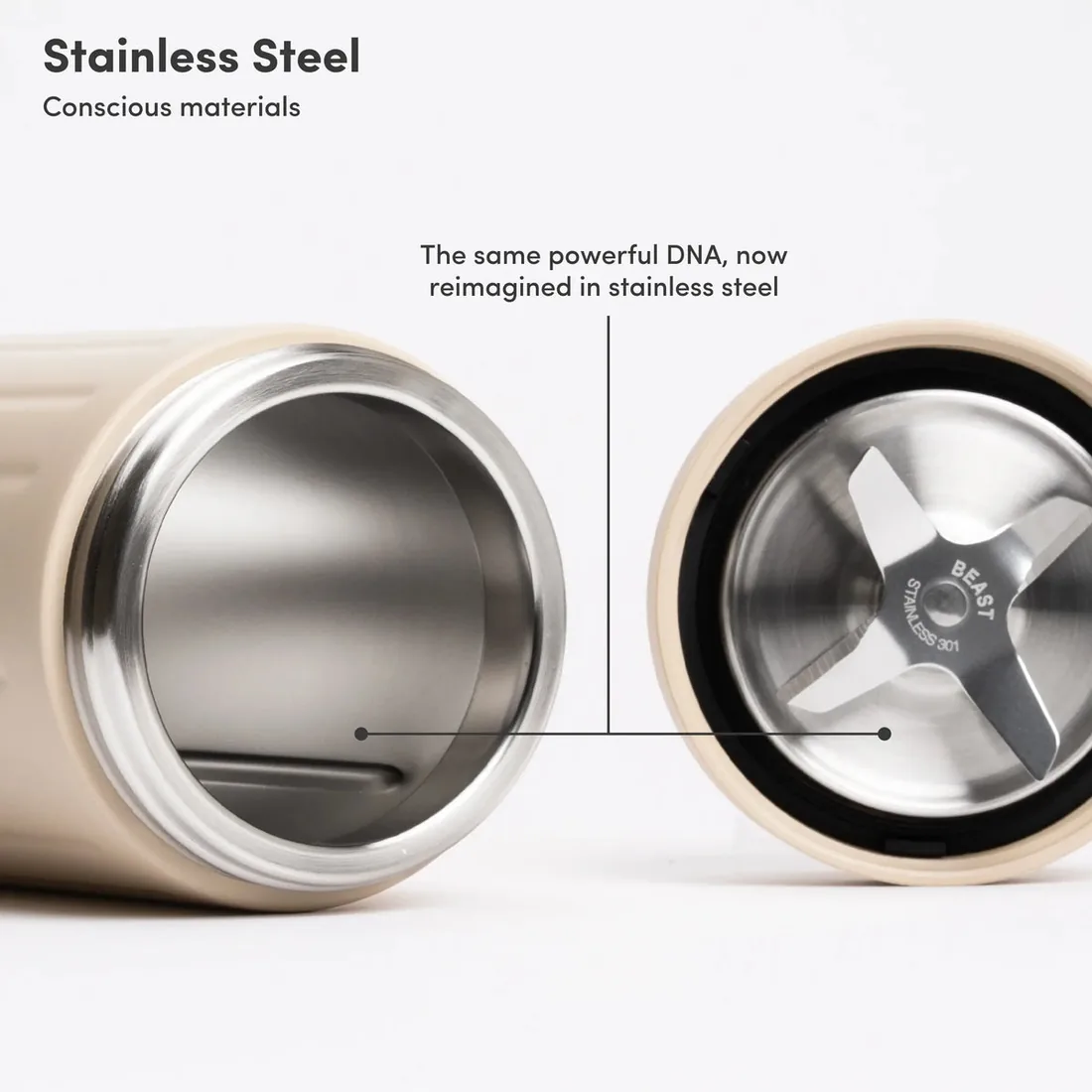 Two Beast stainless steel vessels seen end on, one showing the empty steel interior and the other showing the four winged stainless blade