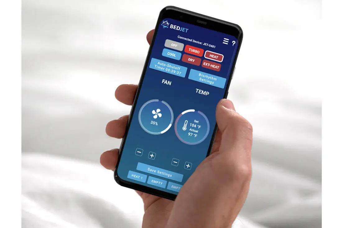 The BedJet smartphone app showing temperature and fan controls.