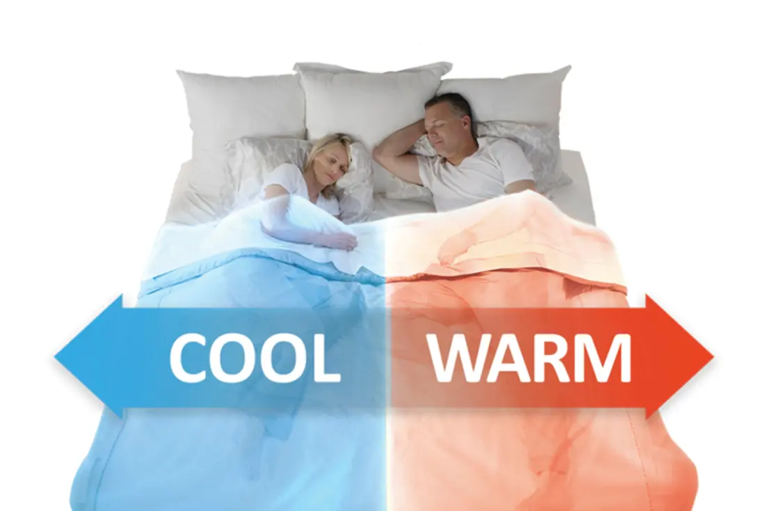 A bed seen from above, divided down the middle, cool on one side and warm on the other.