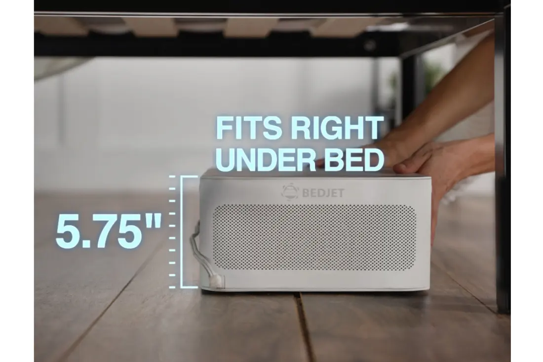 BedJet product photograph showing the unit is 5.75 inches tall and slides under a bed frame.