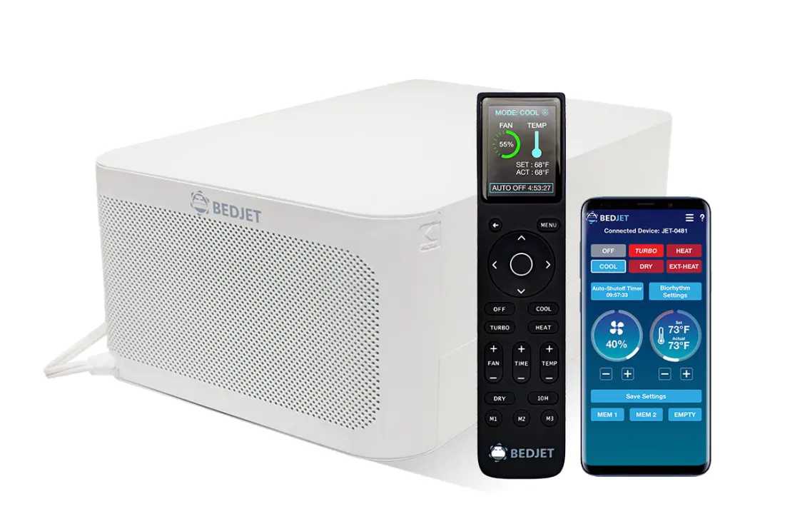 The BedJet 3 unit photographed with its color screen remote and the phone app.