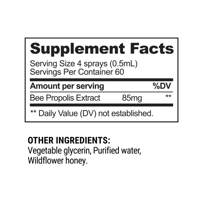 Supplement facts panel: serving size 4 sprays, 60 servings per container, 85mg bee propolis extract