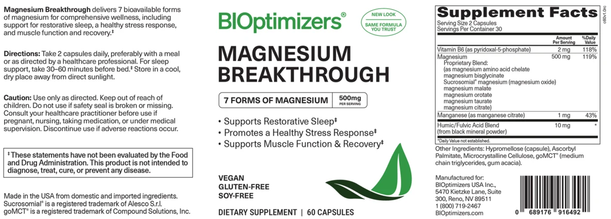The front and back labels of a Magnesium Breakthrough bottle, including the supplement facts panel and the directions