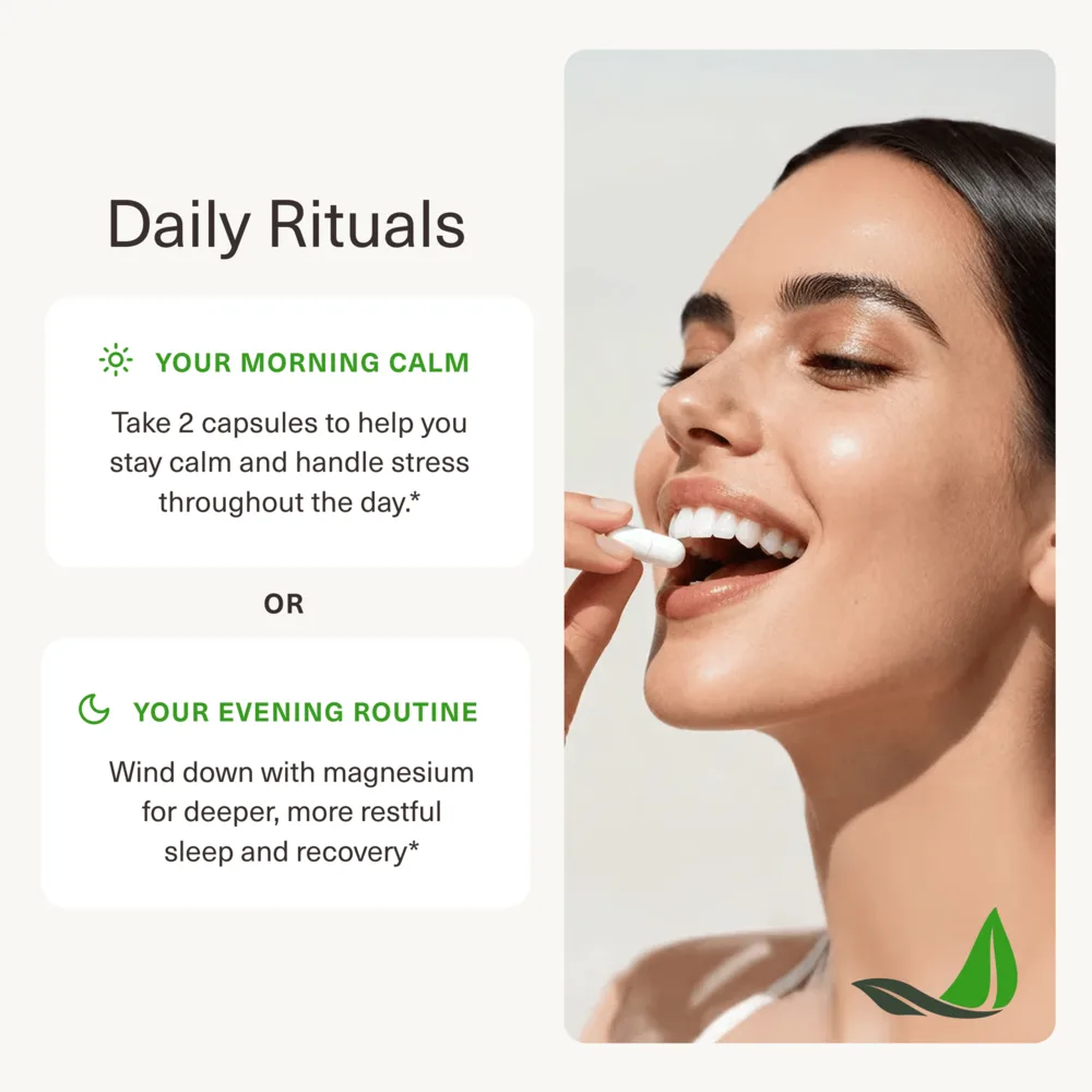 A two panel graphic titled Daily Rituals, showing a morning dose of two capsules for calm during the day and an evening dose for restful sleep and recovery, beside a photograph of a woman taking a capsule