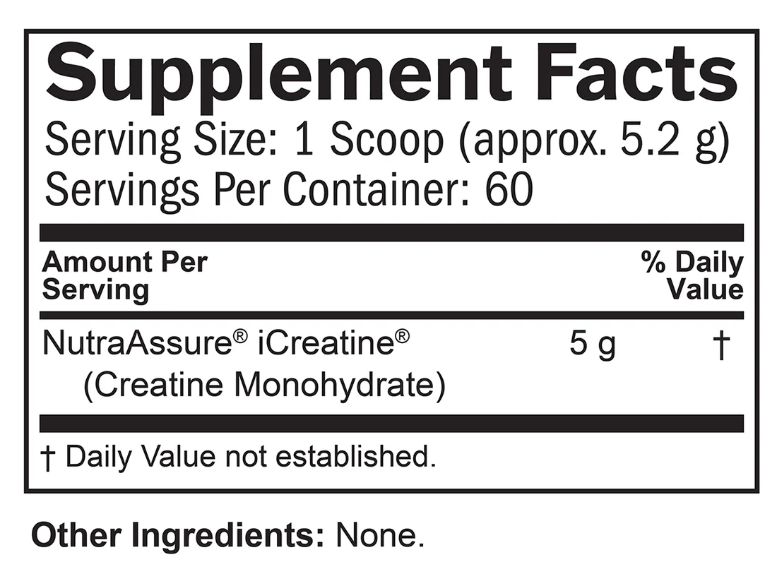 Smart Creatine Plus supplement facts panel: serving size one scoop approximately 5.2 grams, 60 servings per container, NutraAssure iCreatine creatine monohydrate 5 grams, other ingredients none