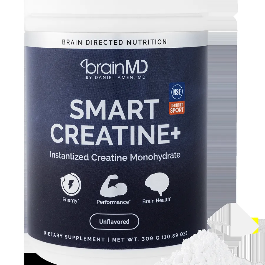 Tub of BrainMD Smart Creatine Plus with a spill of white powder beside it