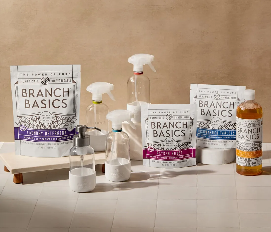 The full Branch Basics range: concentrate, spray bottles, laundry detergent, oxygen boost and dishwasher tablets