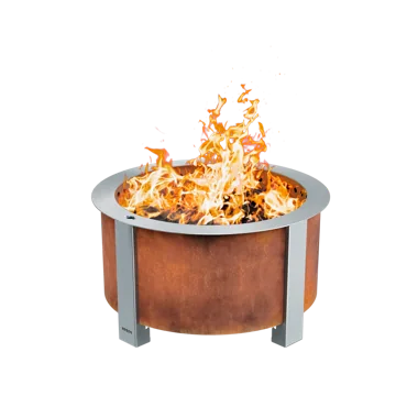 Breeo X24 corten steel fire pit with flames