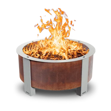Breeo X42 corten steel fire pit with flames
