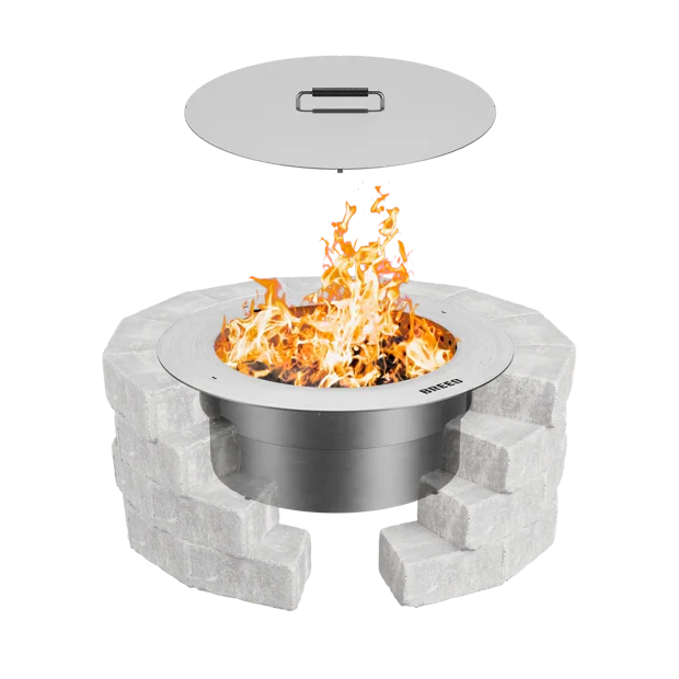 The Zentro round stainless steel smokeless fire pit insert shown on its own with a lid