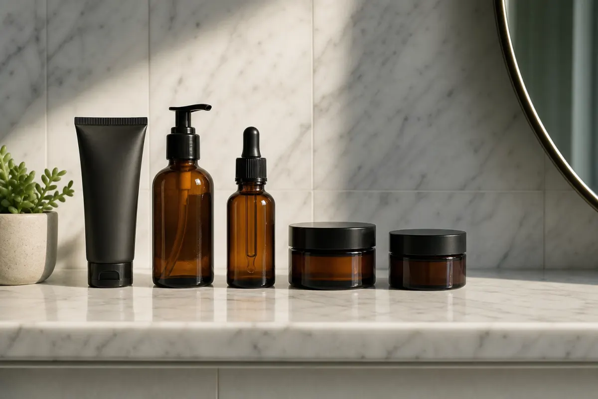 Unbranded skincare bottles and jars lined up on a bathroom shelf