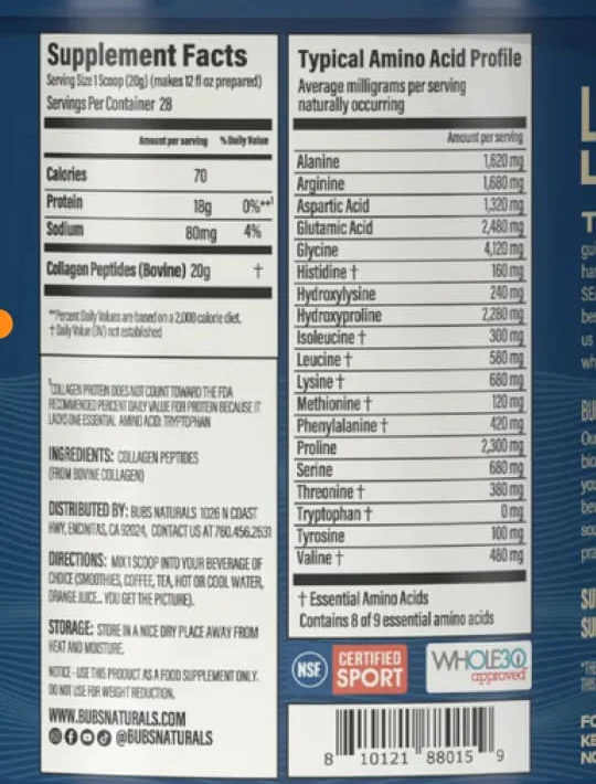 Close-up of the back label of BUBS Naturals Collagen Peptides showing the Supplement Facts panel, the typical amino acid profile, and the NSF Certified for Sport and Whole30 marks.