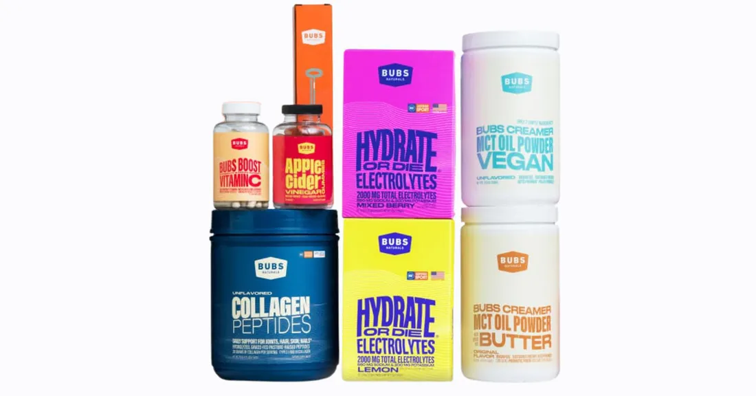 The BUBS Naturals product range: collagen peptides, electrolytes, MCT oil powder and creatine.