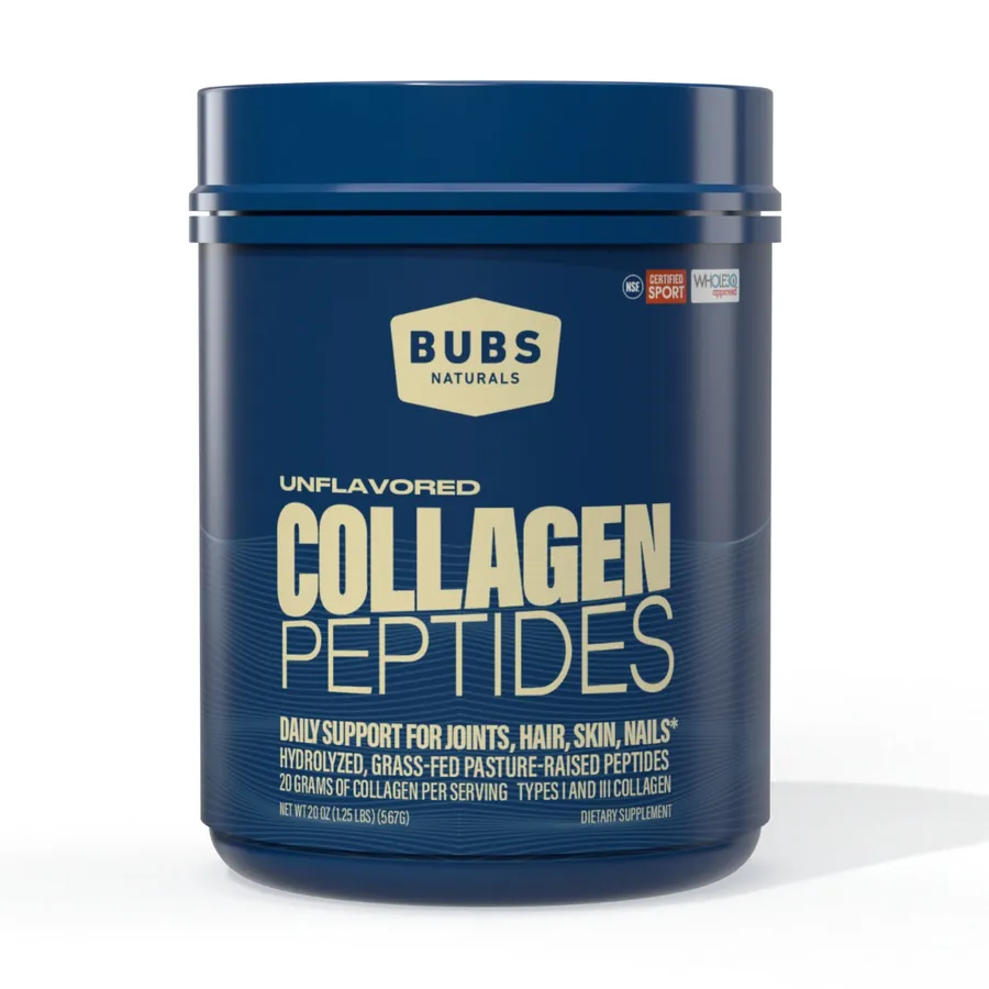 A 20 oz tub of BUBS Naturals unflavored Collagen Peptides.