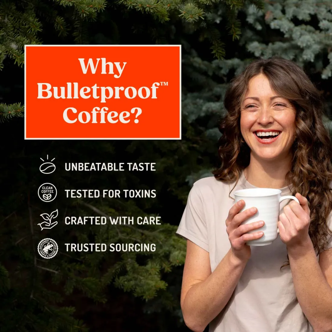 Bulletproof marketing card listing unbeatable taste, tested for toxins, crafted with care and trusted sourcing.