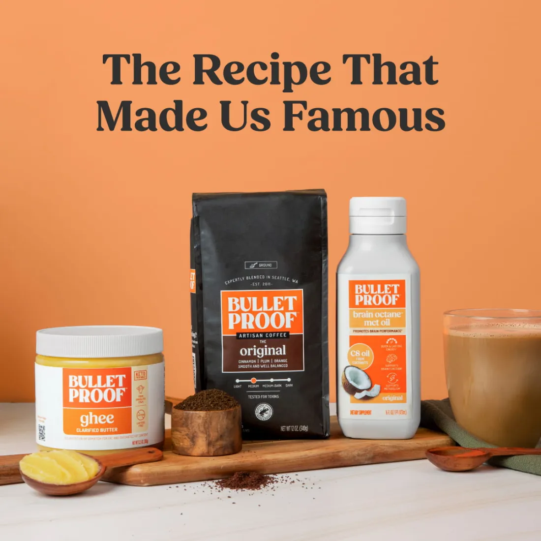 Bulletproof ghee, Original ground coffee and Brain Octane C8 MCT oil, the three ingredients of the original recipe.