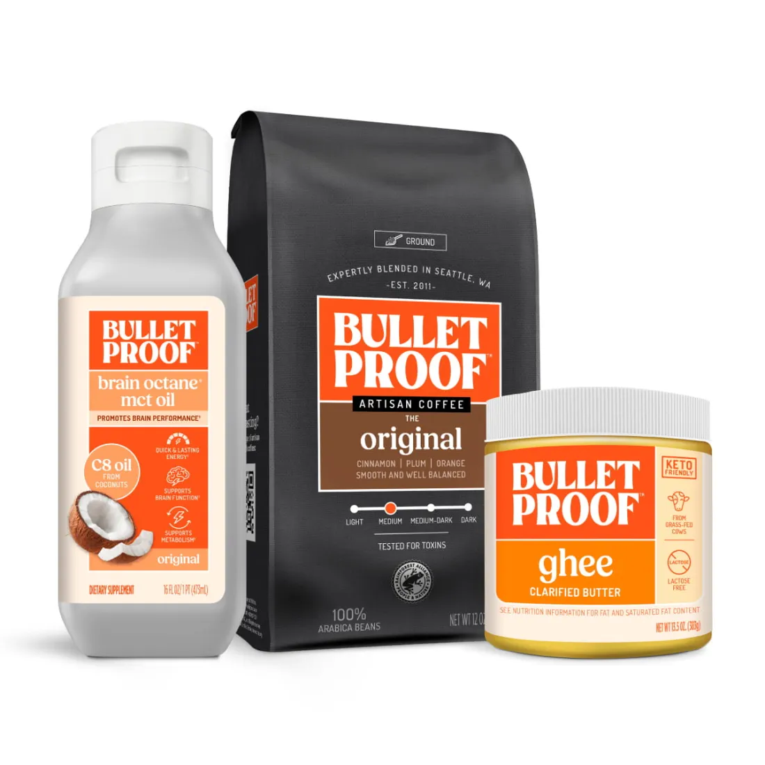 Brain Octane C8 MCT oil, Original ground coffee and ghee, sold separately.