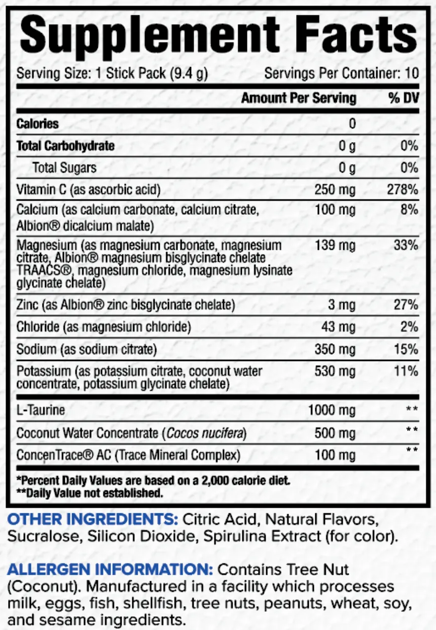 Full Supplement Facts panel for Core Nutritionals x Big League Chew Big Rally Blue Raspberry